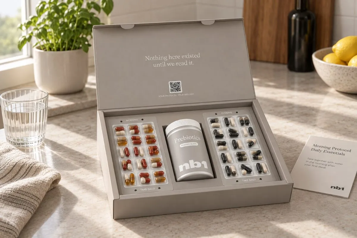 The open nb1 box: morning and evening blister trays either side of the prebiotic tub