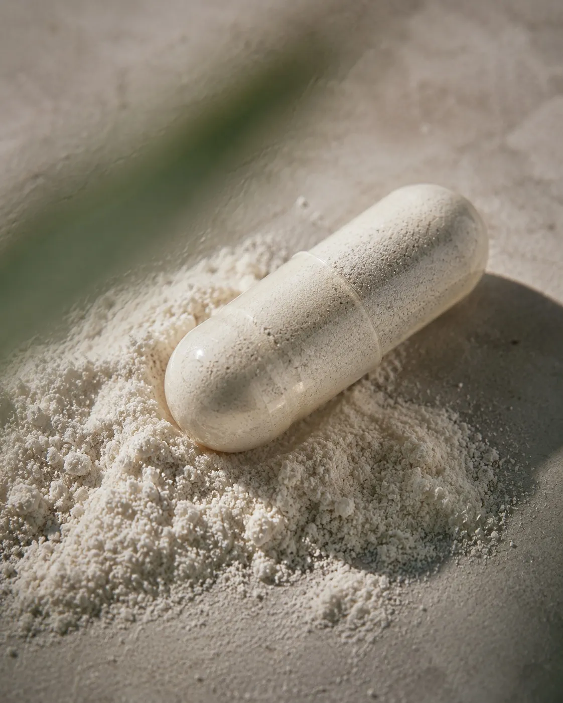 Macro of a pale capsule resting in fine off-white powder
