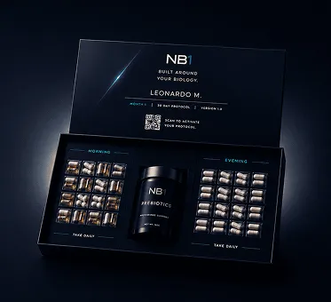 An nb1 kit, open: morning tray, prebiotic jar, evening tray
