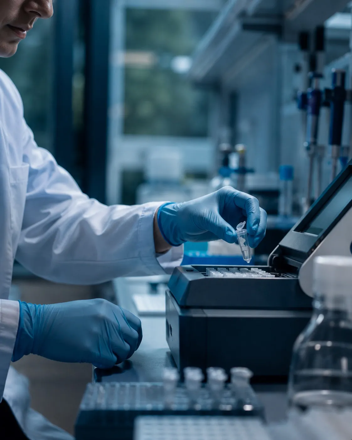 Gloved hands at an instrument on an nb1 lab bench