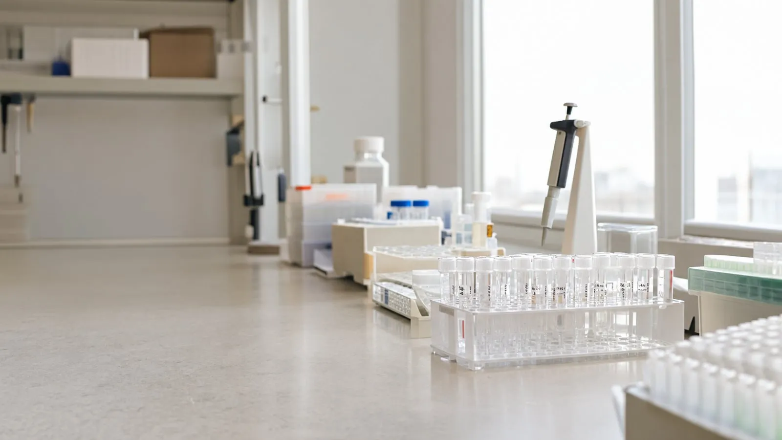 A laboratory bench with sample tubes and a pipette