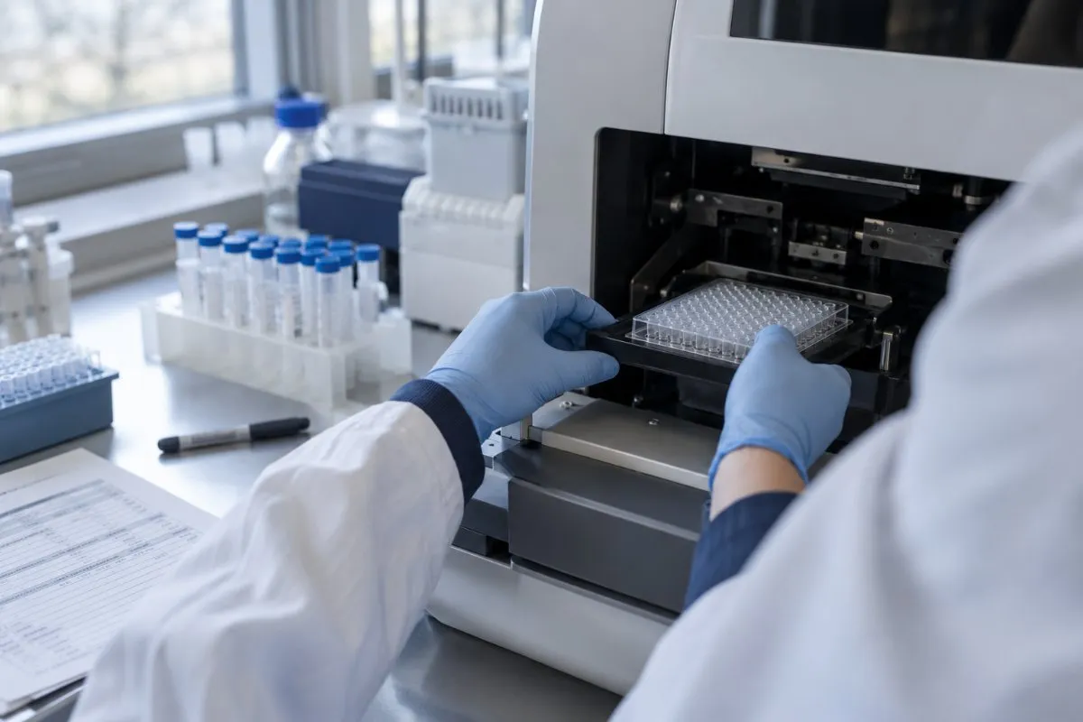 A technician loading a 96-well plate into a benchtop sequencer