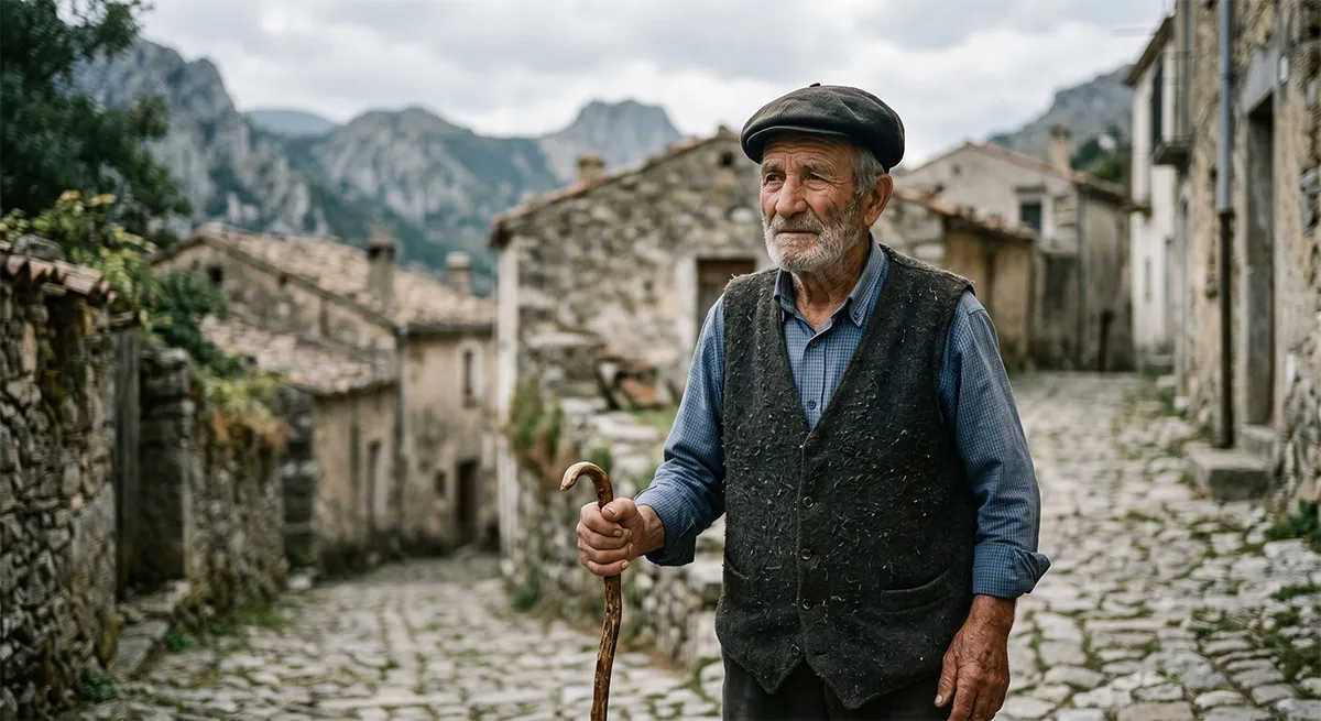 An elderly man with a walking stick and flat cap on a cobbled lane in a Sardinian mountain village. Illustrative AI-generated placeholder.