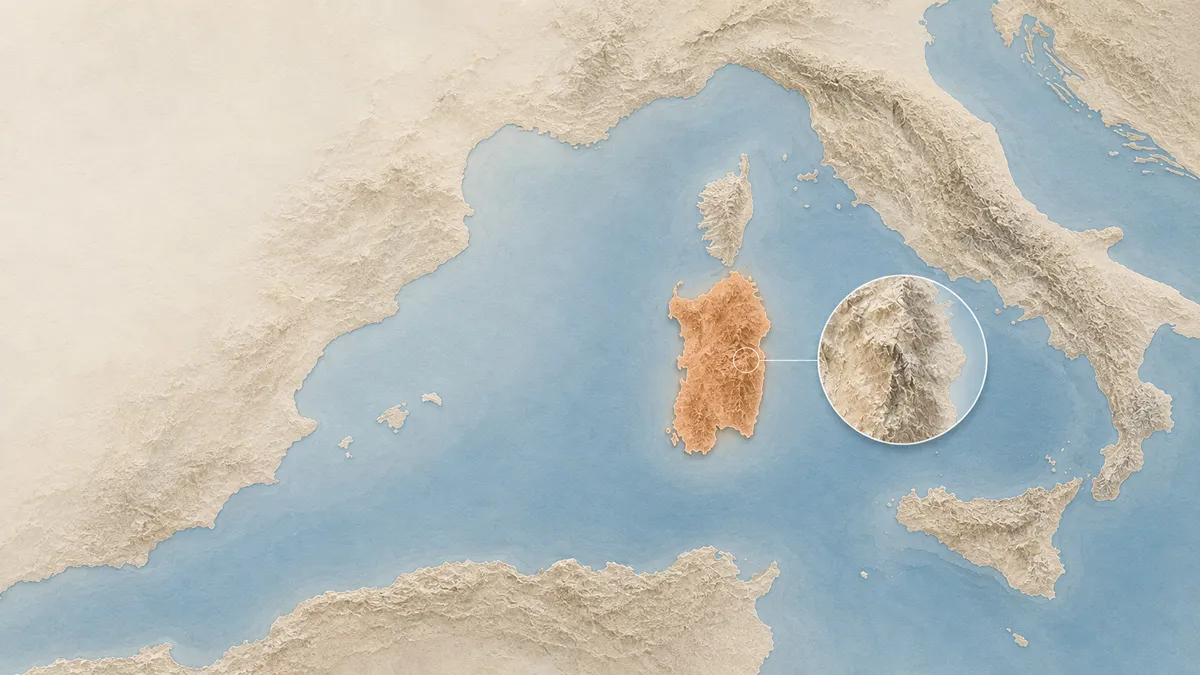 Relief map of the western Mediterranean with the island of Sardinia highlighted, and a magnified inset of its mountainous central-eastern Blue Zone, where exceptional longevity is concentrated.