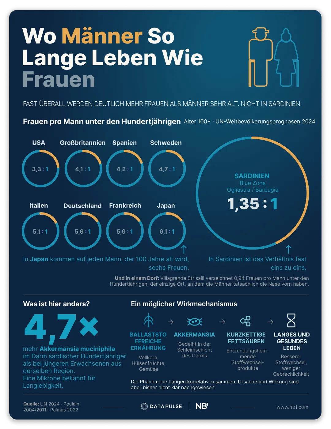 Infografik: der Ort, an dem Männer so lange leben wie Frauen. Mit 100 Jahren kommen in den Industrieländern vier bis sechs Frauen auf einen Mann, doch in Sardiniens Blue Zone liegt das Verhältnis bei nur 1,35 zu 1; sardische Hundertjährige tragen 4,7-mal mehr Akkermansia muciniphila in sich.
