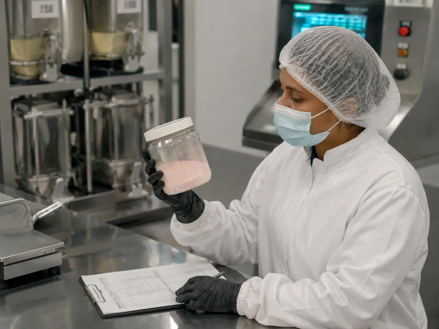 QC check of a blended powder batch against the batch record