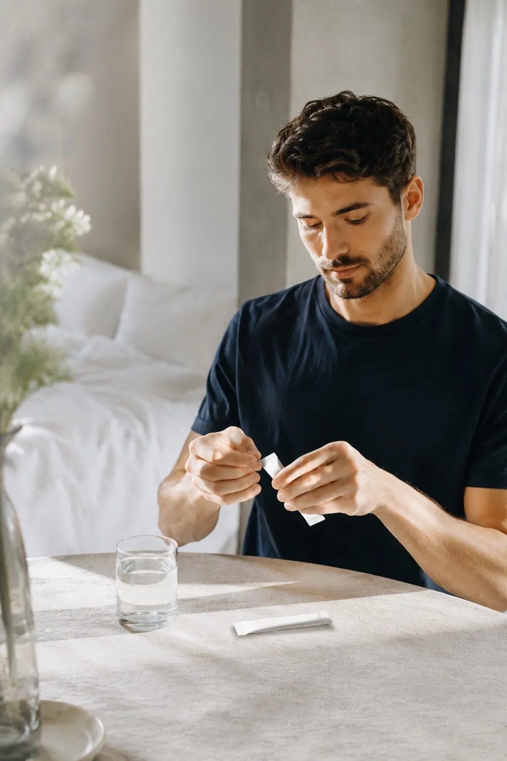 Person taking a supplement sachet with a glass of water at home