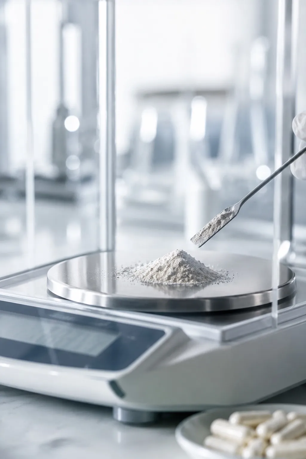 Fine supplement powder being weighed on a precision lab scale
