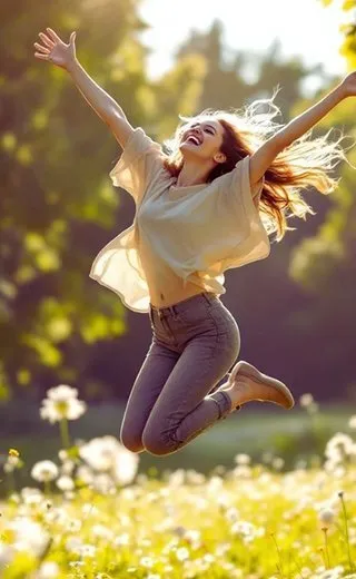 Woman mid-jump in a wildflower field, golden hour
