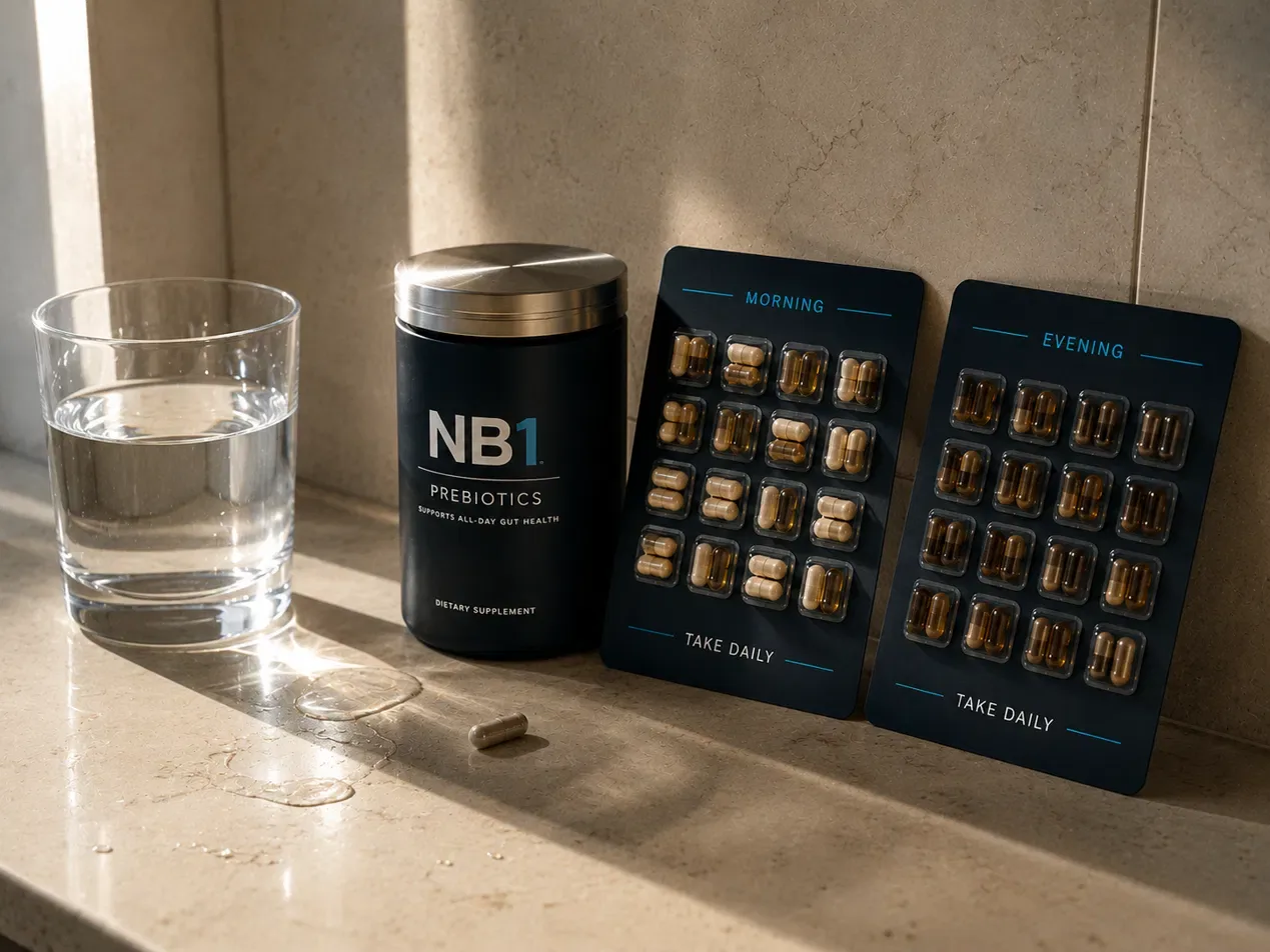 A tidy windowsill with a glass of water, the NB1 tin, and morning and evening blister cards
