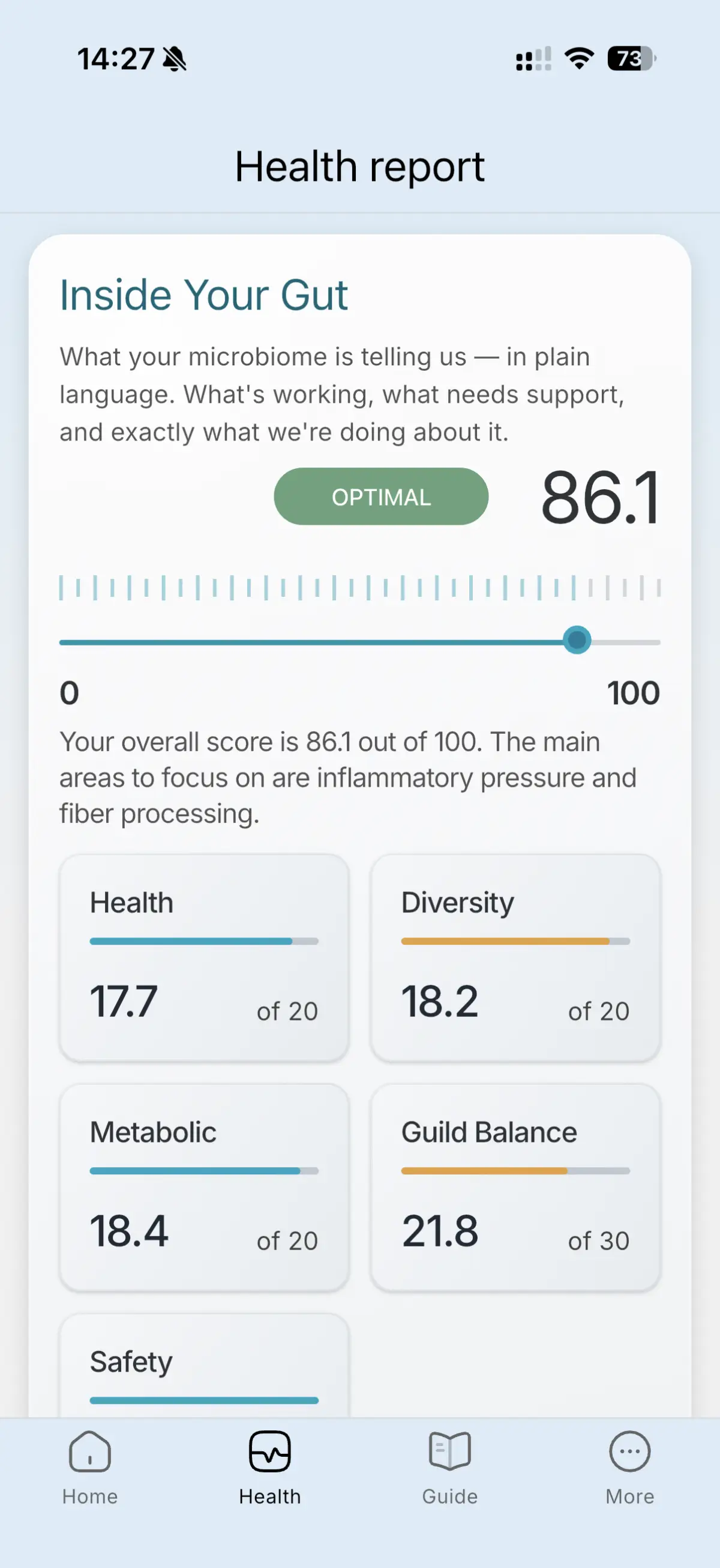 A sample NB1 report: overall microbiome score with diversity and metabolic measures