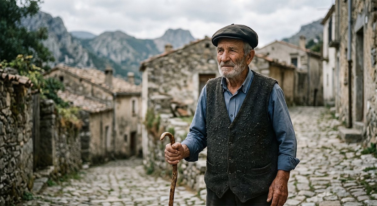 An elderly man with a walking stick and flat cap on a cobbled lane in a Sardinian village.