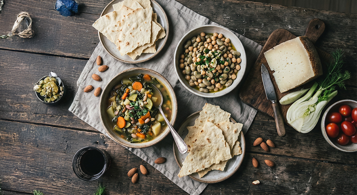 Overhead view of a traditional Sardinian meal with flatbread, legumes, vegetables, pecorino and a glass of red wine.