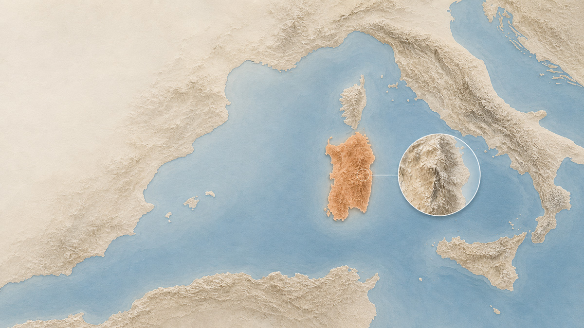 Relief map of the western Mediterranean with the island of Sardinia highlighted, and a magnified inset of its mountainous central-eastern Blue Zone.