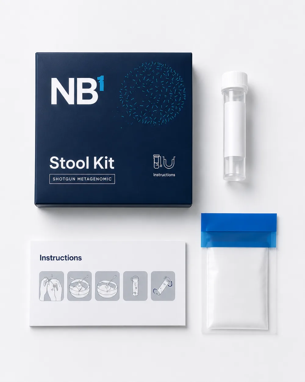 The NB1 gut kit: box, collection tube, instructions and transport bag