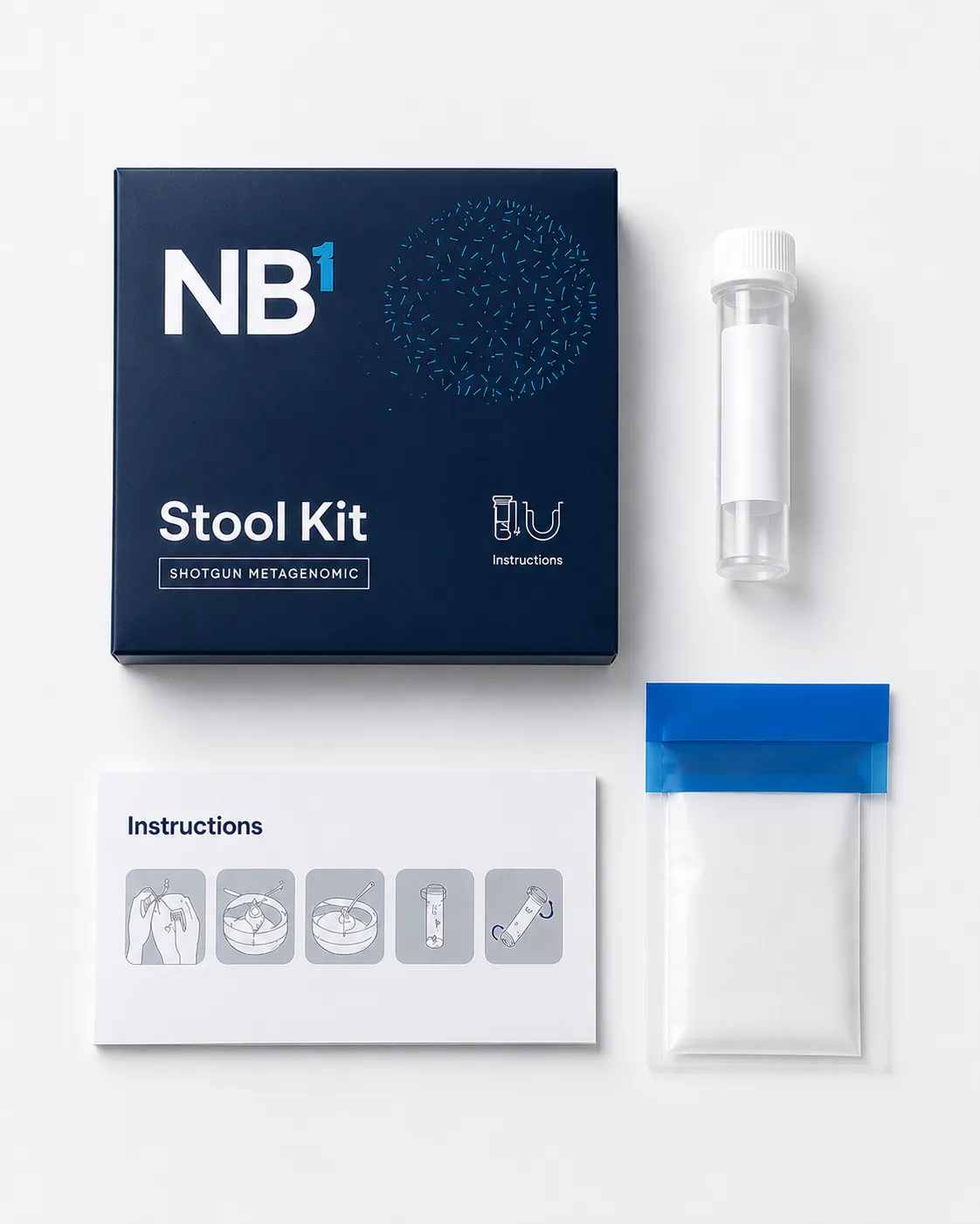 The NB1 gut kit: box, collection tube, instructions and transport bag
