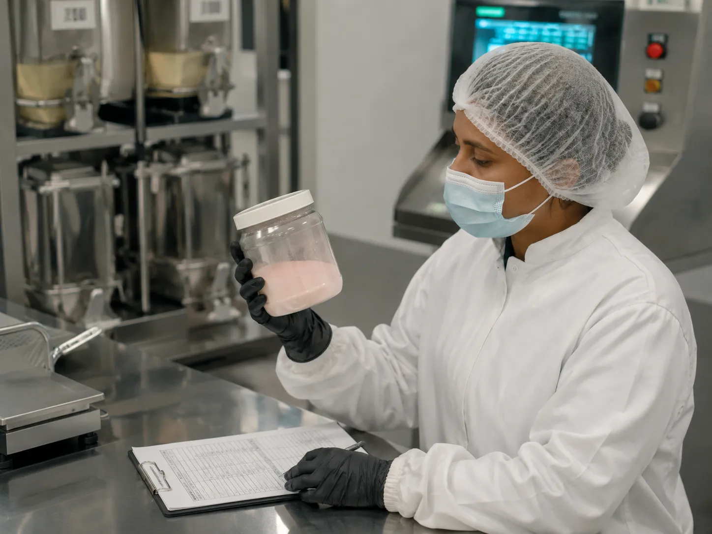 QC check of a blended powder batch against the batch record