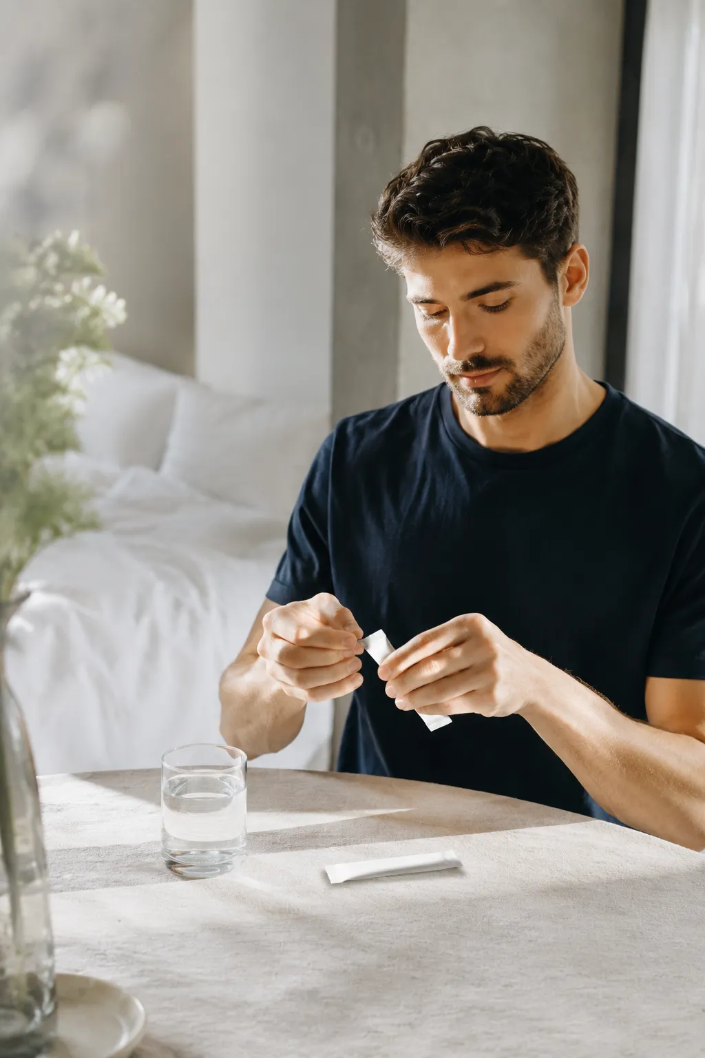 Person taking a supplement sachet with a glass of water at home