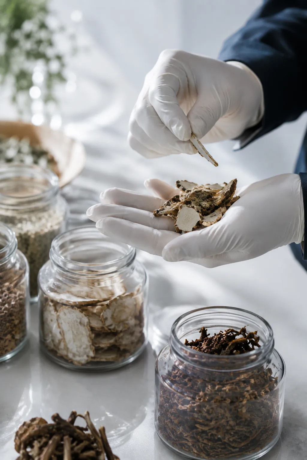 Gloved hands inspecting raw botanical material over labelled sample jars