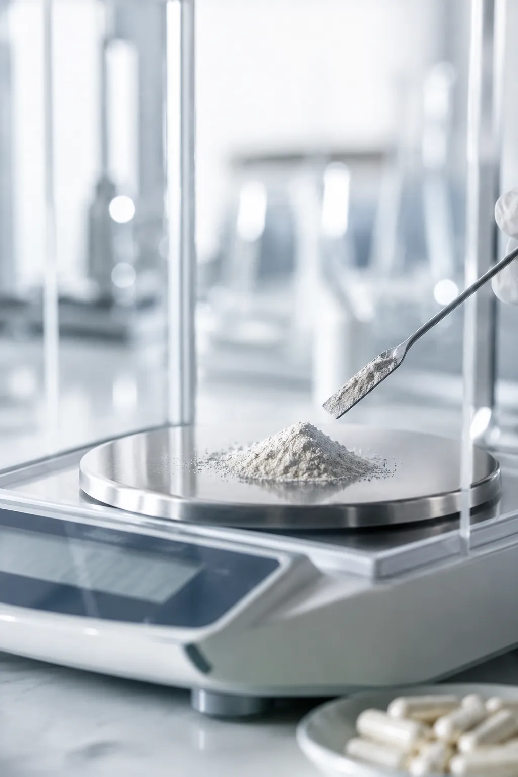 Fine supplement powder being weighed on a precision lab scale