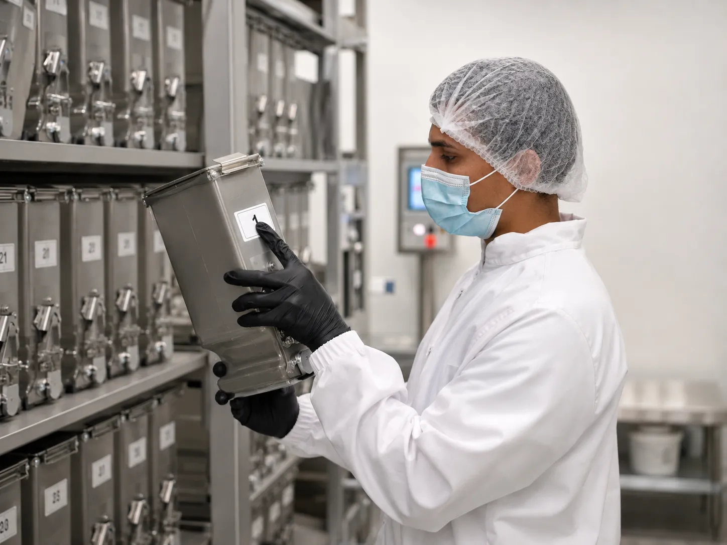 QC operator inspecting a labelled ingredient bin on our line