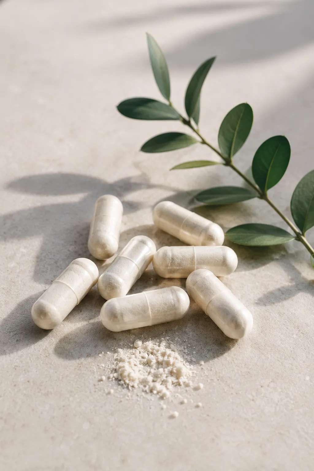 Capsules and loose powder beside a fresh botanical sprig