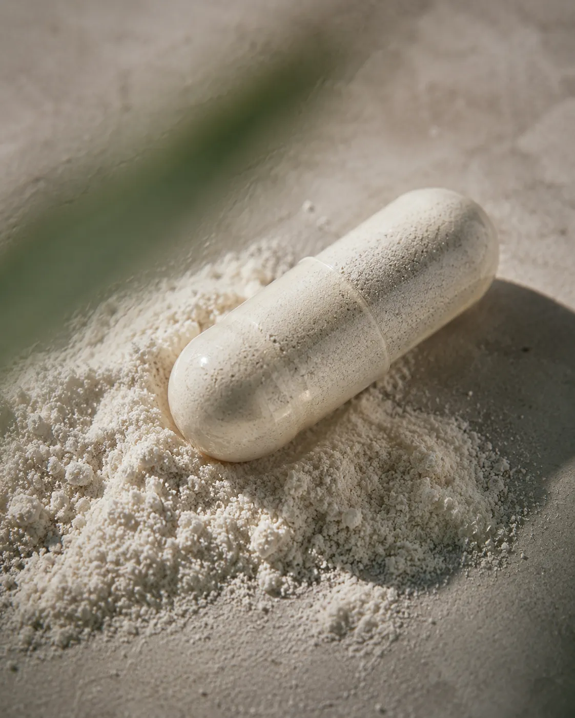 Macro of a pale capsule resting in fine off-white powder