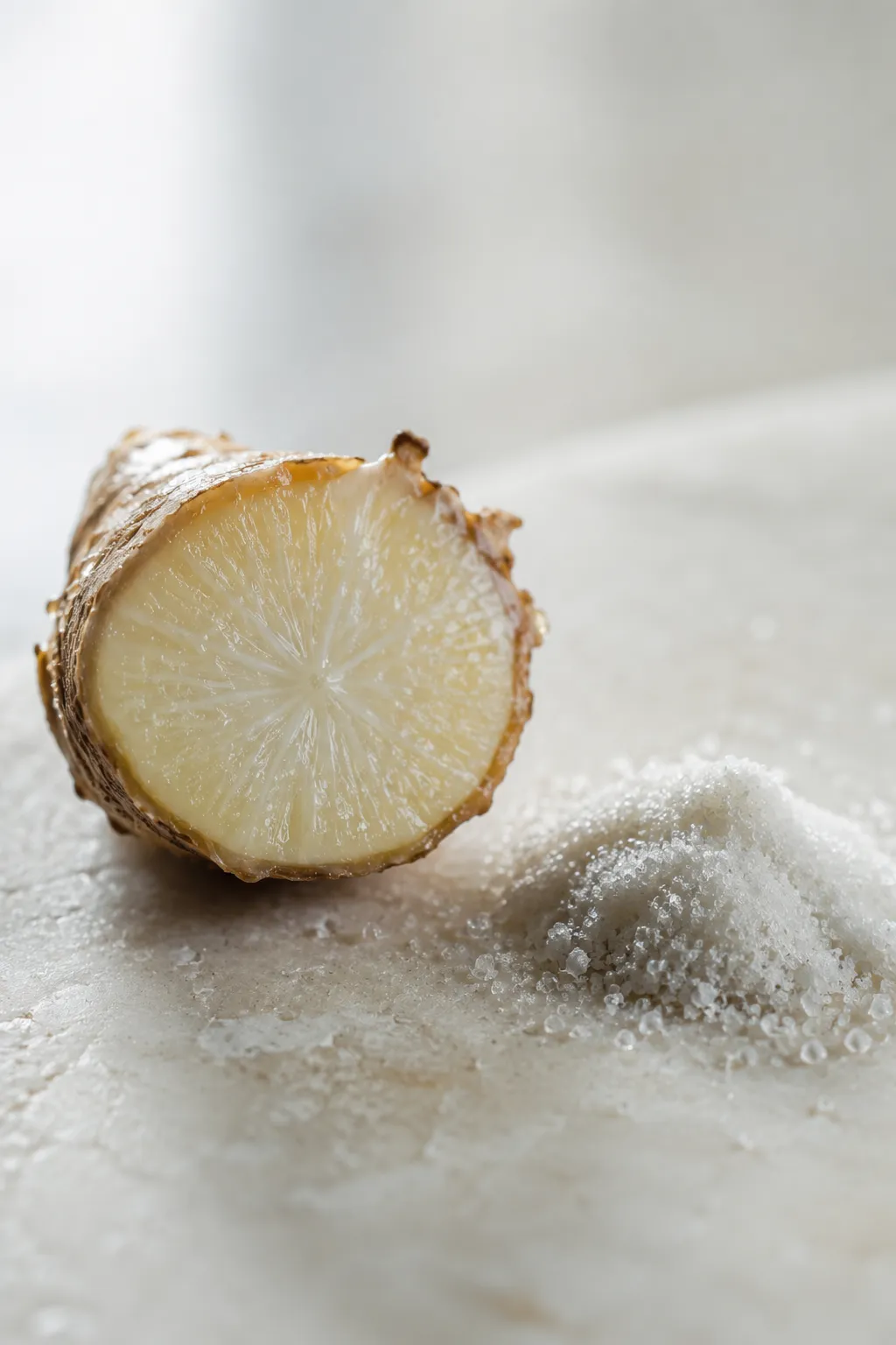 Cross-section of a raw botanical root beside crystalline mineral powder